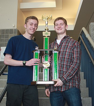 Mark Crossen (left) and Zander White were part of a Knowledge Bowl team at Central Valley High School that won the Washington state 4A championship in March. The competition consists of questions in a variety of fields, including math, literature, science, geology and more. Photo by Craig Howard.  