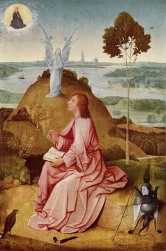 Evangelist John of Patmos writes the Book of Revelation. Painting by Hieronymus Bosch (1505). 
