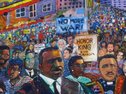 Mural of Dr. Martin Luther King?s Selma march, with civil rights activist Rabbi Joshua Heschel, pictured with white beard and glasses.  