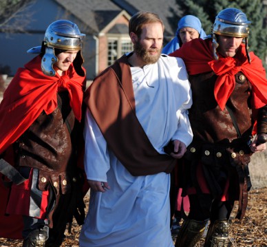 Dusty Borders, playing Jesus, is arrested by Roman soldiers Kris Malmoe and Andy Beerman 