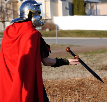 A Journey to the Cross actor rehearses as a Roman soldier. 