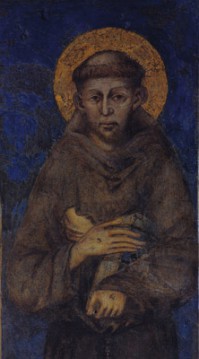 Detail of St. Francis of Assisi from ?Madonna Enthroned with the Child, St. Francis and four Angels,? a fresco executed by Giovanni Cimabue between 1278-80 for the lower church of St. Francis Basilica in Assisi, Italy.  