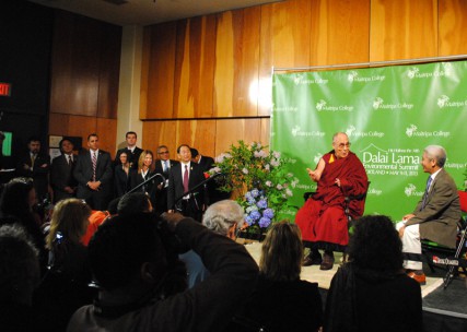 The Dalai Lama speaks to the media in Portland. 