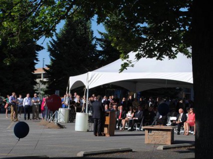 Mayor David Condon speaks at a groundbreaking ceremony at Gonzaga 