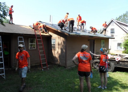 The Bicycle Adventurers stop in Americus, Ga., home of Fuller Center for Housing headquarters to repair a home. President Carter and Fuller Center founder Millard Fuller helped build the home 30 years ago, but it was damaged by a storm. 