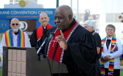 Member’s of Spokane’s progressive faith community gathered outside Double Tree Hotel on Tuesday to show their support for Referendum 74, while Rick Santorum spoke against gay marriage at a ticketed lunch inside. 