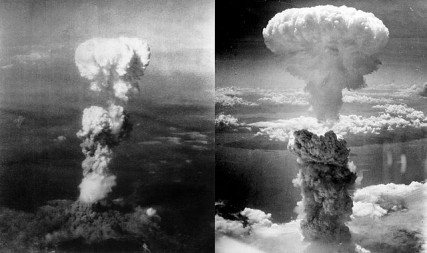 At the time this photo was made, smoke billowed 20,000 feet above Hiroshima while smoke from the burst of the first atomic bomb had spread over 10,000 feet on the target at the base of the rising column. 