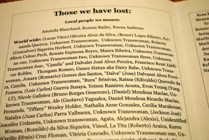 The names of those who were killed in 2013 because of their transgender identity.