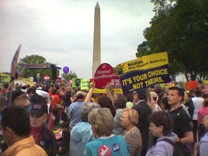 Abortion-rights activists before the Washington Monument in Washington, D.C., at the March for Women's Lives in 2004. Wikipedia