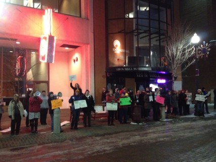 Protestors gather outside the Daiquiri Factory/Photo by Blaine Stum