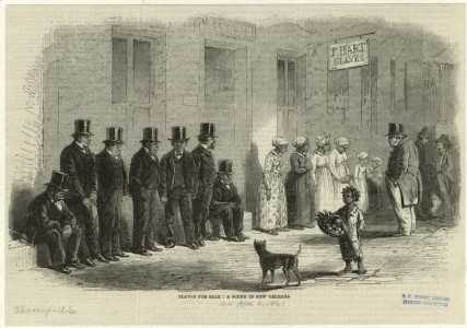 1861: "Slaves for sale, a scene in New Orleans." Harper's Weekly