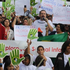 Evangelical Christians protest against child sex exploitation outside World Cup Stadium in Sao Paulo, Brazil. Religion News Service photo by Robson Coelho