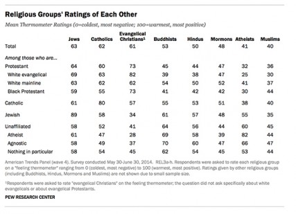 (RNS1-JULY 16) Americans rated a series of religious groups other than their own on a "feeling thermometer" from 0 to 100 in a new Pew Research Center study. For use with RNS-AFFILIATION-RANKINGS transmitted July 16, 2014. Image courtesy Bill Webster, via Pew Research Center