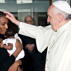 (RNS1-JULY 24) Meriam Ibrahim, the Sudanese woman who was nearly executed for apostasy for marrying a Christian man, and her daughter, Maya, meet Pope Francis at the Vatican after arriving in Italy on July 24, 2014, en route to the United States. For use with RNS-MERIAM-ITALY transmitted July 24, 2014. Photo courtesy L'Osservatore Romano