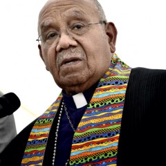 (RNS2-oct22) Bishop Melvin Talbert joined 13 other United Methodist bishops at a gathering on May 4 outside the 2012 United Methodist General Conference in Tampa, Florida, where they showed their support for clergy in the denomination who choose to officiate at religious weddings of same-sex couples. Doing so is a violation of church rules, but Talbert said he preferred Biblical obedience even if it meant ecclesiasical disobedience. For use with RNS-METHODIST-GAYS, transmitted on October 22, 2013, Photo by Paul Jeffrey/courteys UMNS