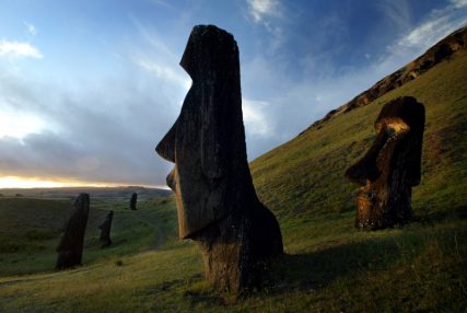 A view of "Moai" statues in Rano Raraku volcano, on Easter Island, 4,000 km (2486 miles) west of Santiago, in this photo taken October 31, 2003. REUTERS/Carlos Barria